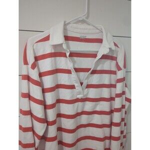Lands end women's large white collar v-neck red white stripe 100% cotton top